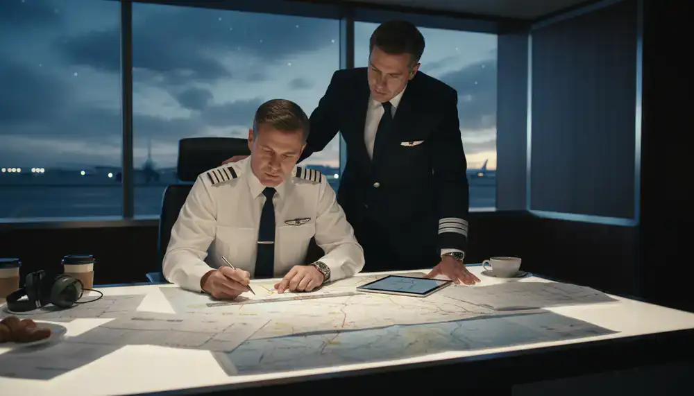 Flight crew member reviewing flight plans